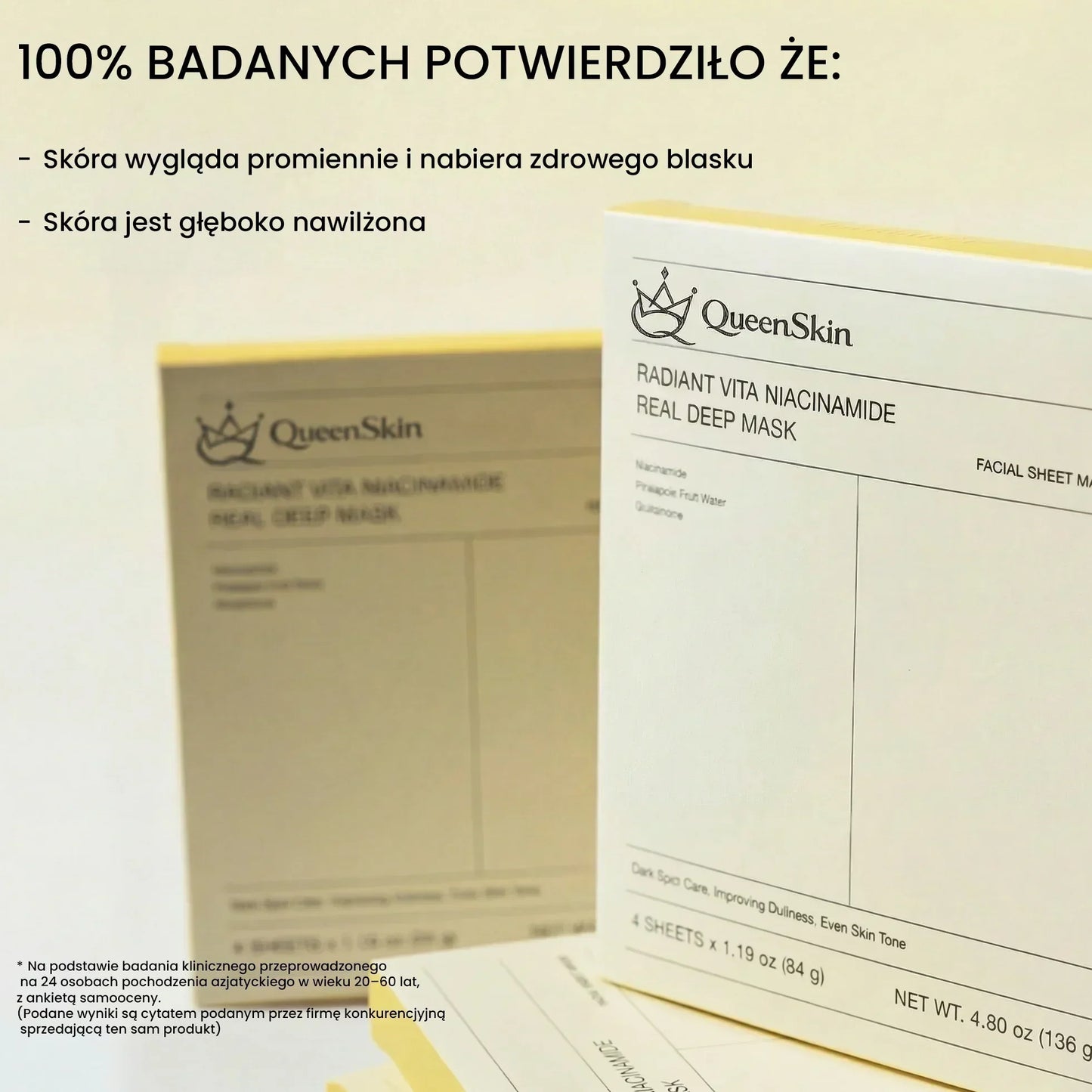 QueenSkin Radiant Vita Niacinamide facial masks in packaging with benefits listed for glowing, hydrated skin.