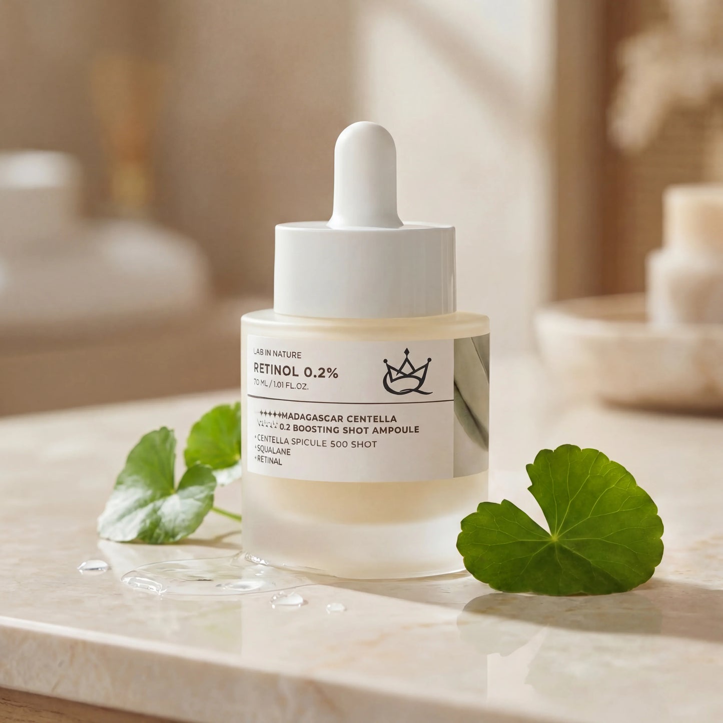 QueenSkin retinol serum bottle with dropper, green leaves, on marble surface, skincare product