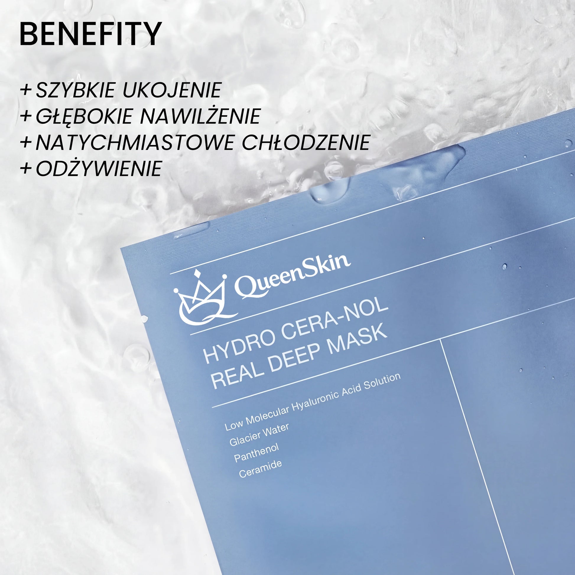 QueenSkin Hydro Cera-Nol Real Deep Mask blue packaging on ice, highlights soothing, moisturizing, cooling, nourishing benefits.