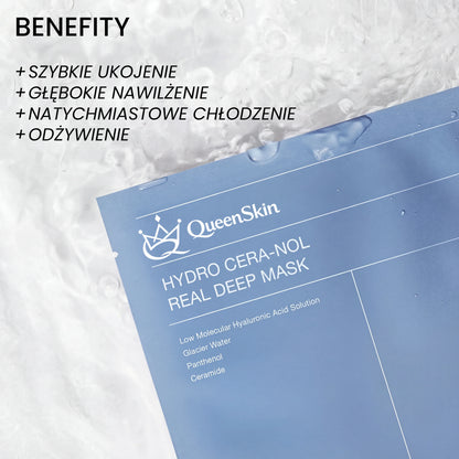QueenSkin Hydro Cera-Nol Real Deep Mask blue packaging on ice, highlights soothing, moisturizing, cooling, nourishing benefits.