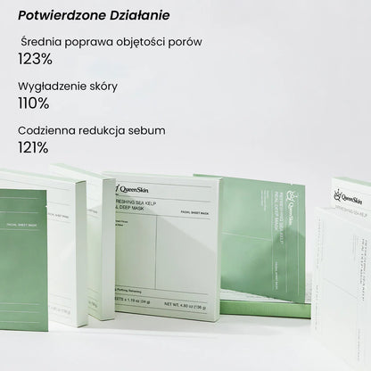 QueenSkin facial sheet mask packaging with product benefits for pores, skin smoothing, and sebum reduction