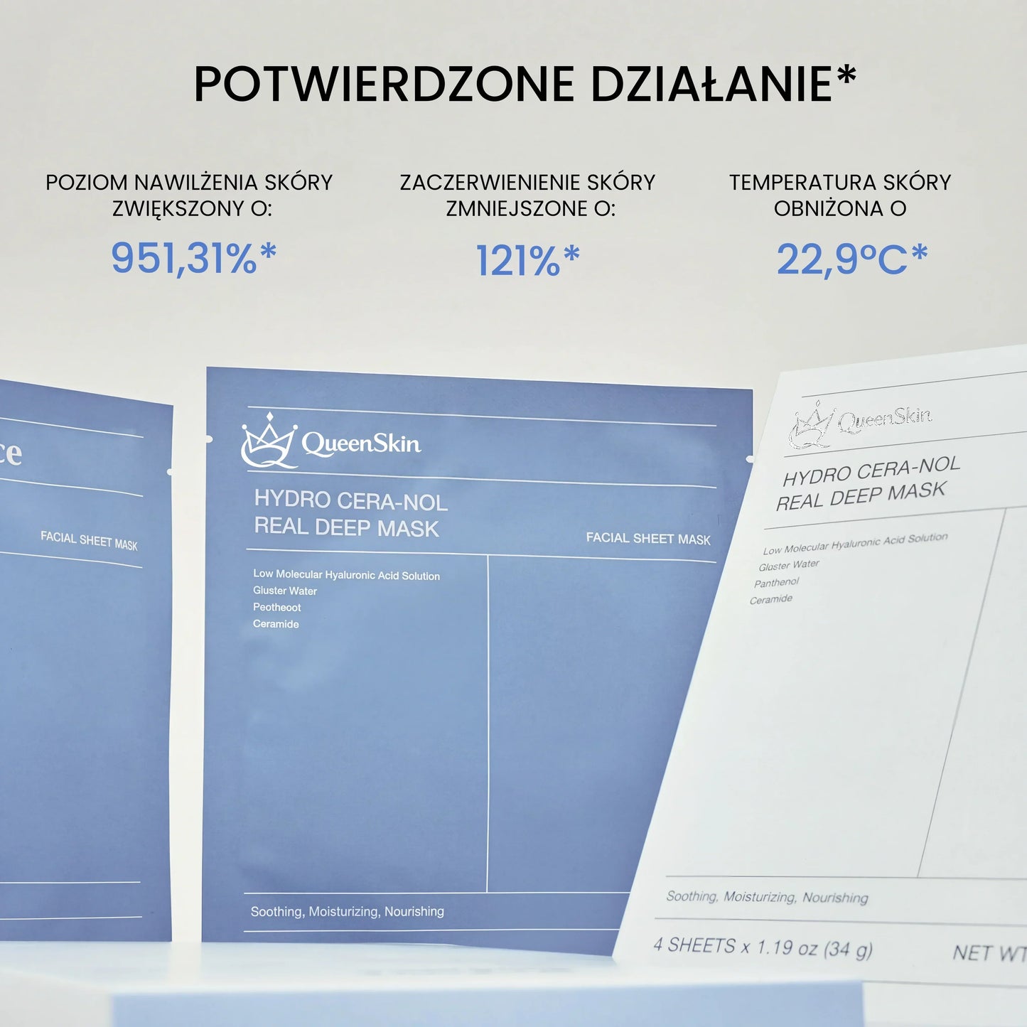 QueenSkin Hydro Cera-Nol Real Deep Mask packs with hydration and skin improvement stats