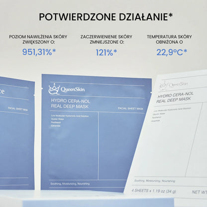 QueenSkin Hydro Cera-Nol Real Deep Mask packs with hydration and skin improvement stats