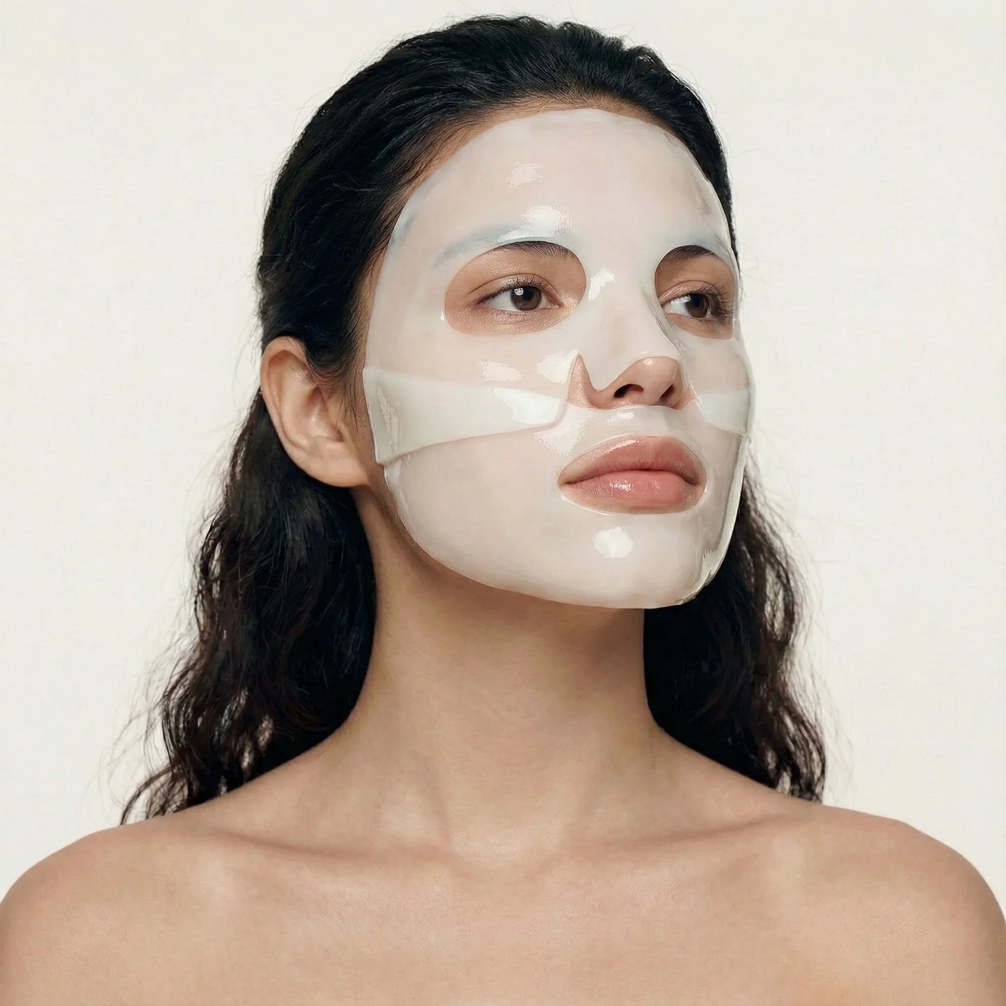 Woman wearing QueenSkin hydrogel face mask for skincare and hydration