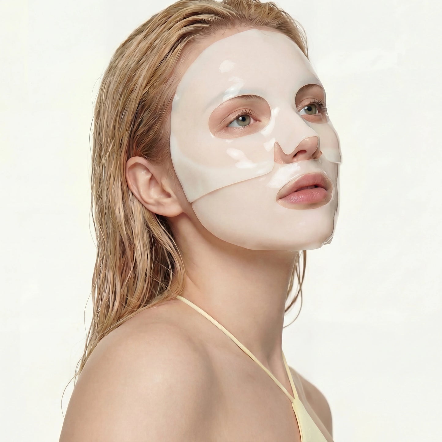 Woman wearing hydrogel face mask, QueenSkin skincare, smooth glowing complexion