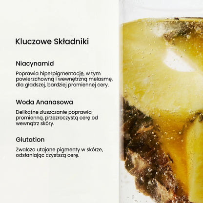 QueenSkin product key ingredients list with niacinamide, pineapple water, and glutathione next to a glass with pineapple slices.