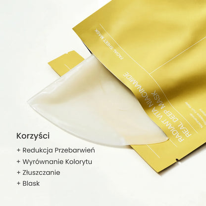 QueenSkin niacinamide hydrogel facial sheet mask in yellow packaging, benefits listed in Polish