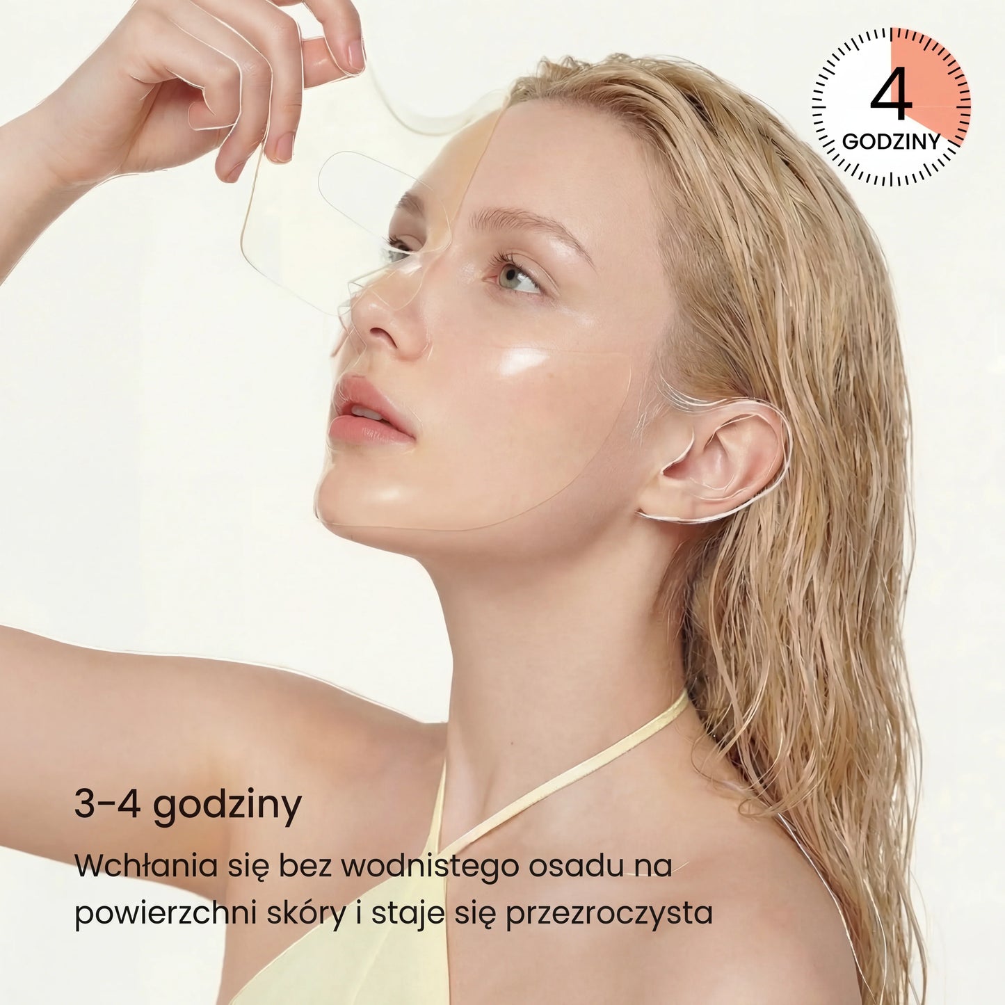 Woman applying transparent hydrogel mask to face, QueenSkin skincare, 4-hour treatment