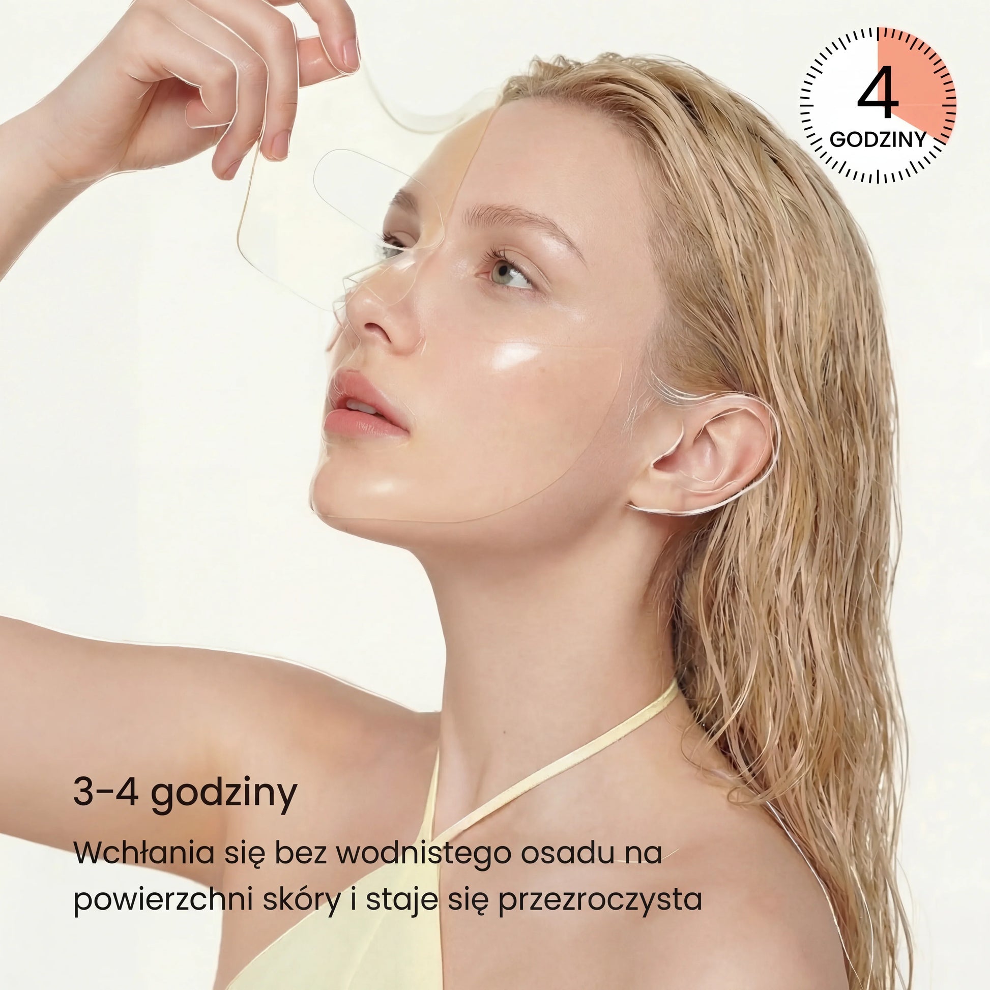 Woman applying transparent hydrogel mask to face, QueenSkin skincare, 4-hour treatment