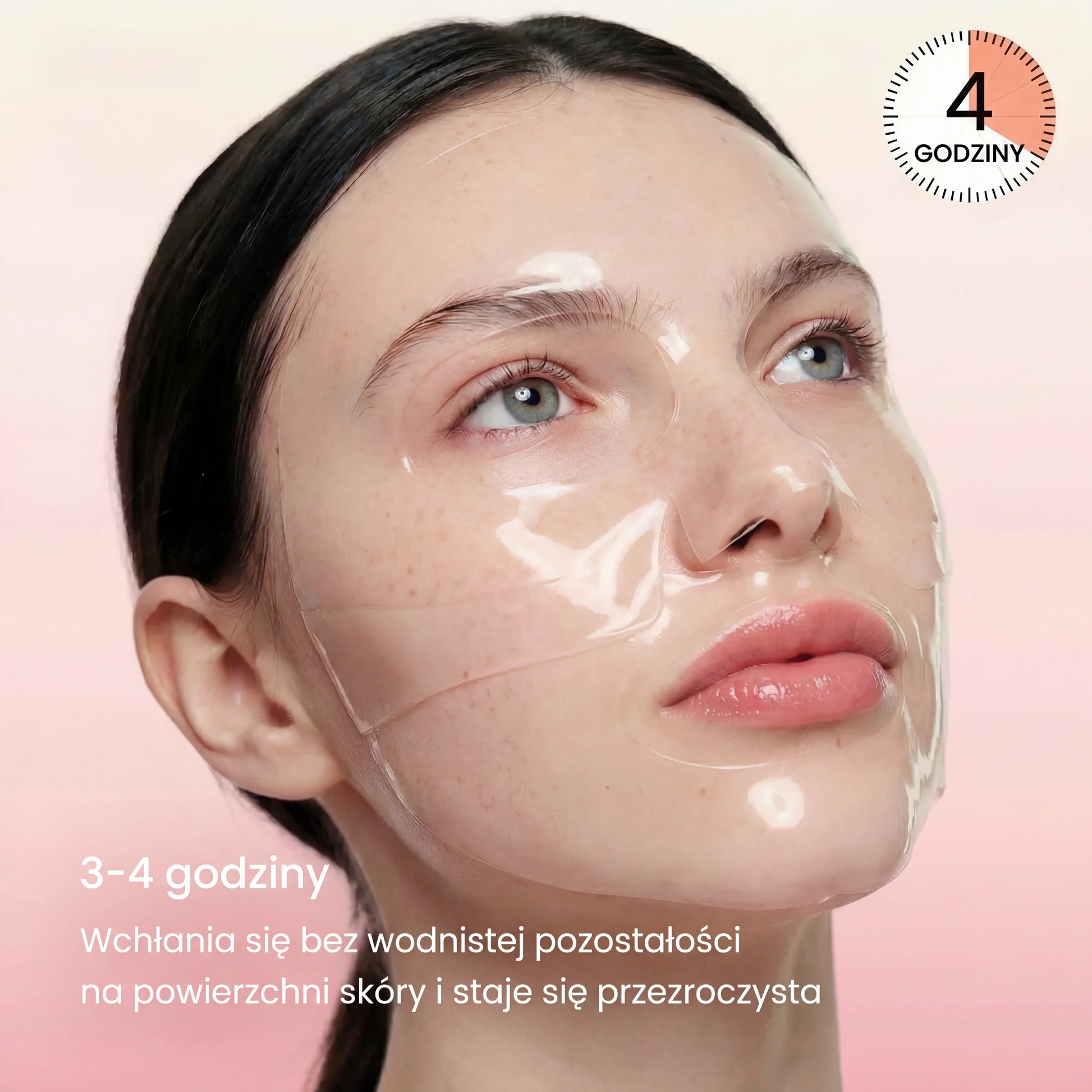 Woman wearing transparent hydrogel face mask, QueenSkin skincare, smooth skin, close-up