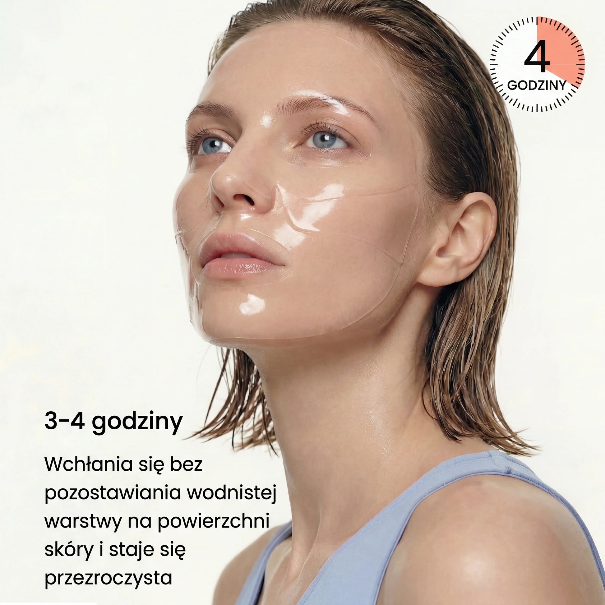 Woman wearing transparent hydrogel face mask, QueenSkin skincare for hydration and anti-aging