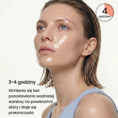 Woman wearing transparent hydrogel face mask, QueenSkin skincare for hydration and anti-aging