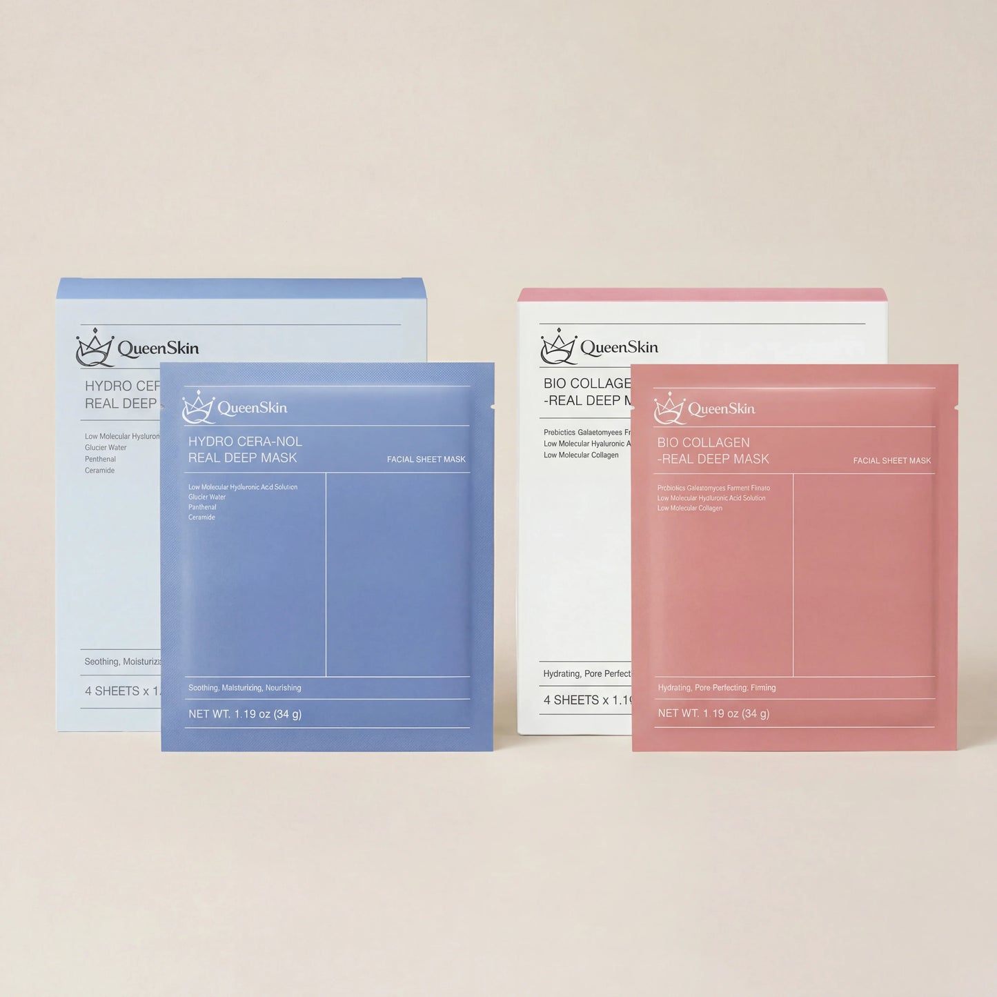 QueenSkin hydrogel facial sheet masks in blue and pink packaging for skincare