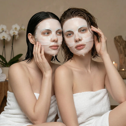 Two women with hydrogel face masks and towels in spa, QueenSkin skincare focus