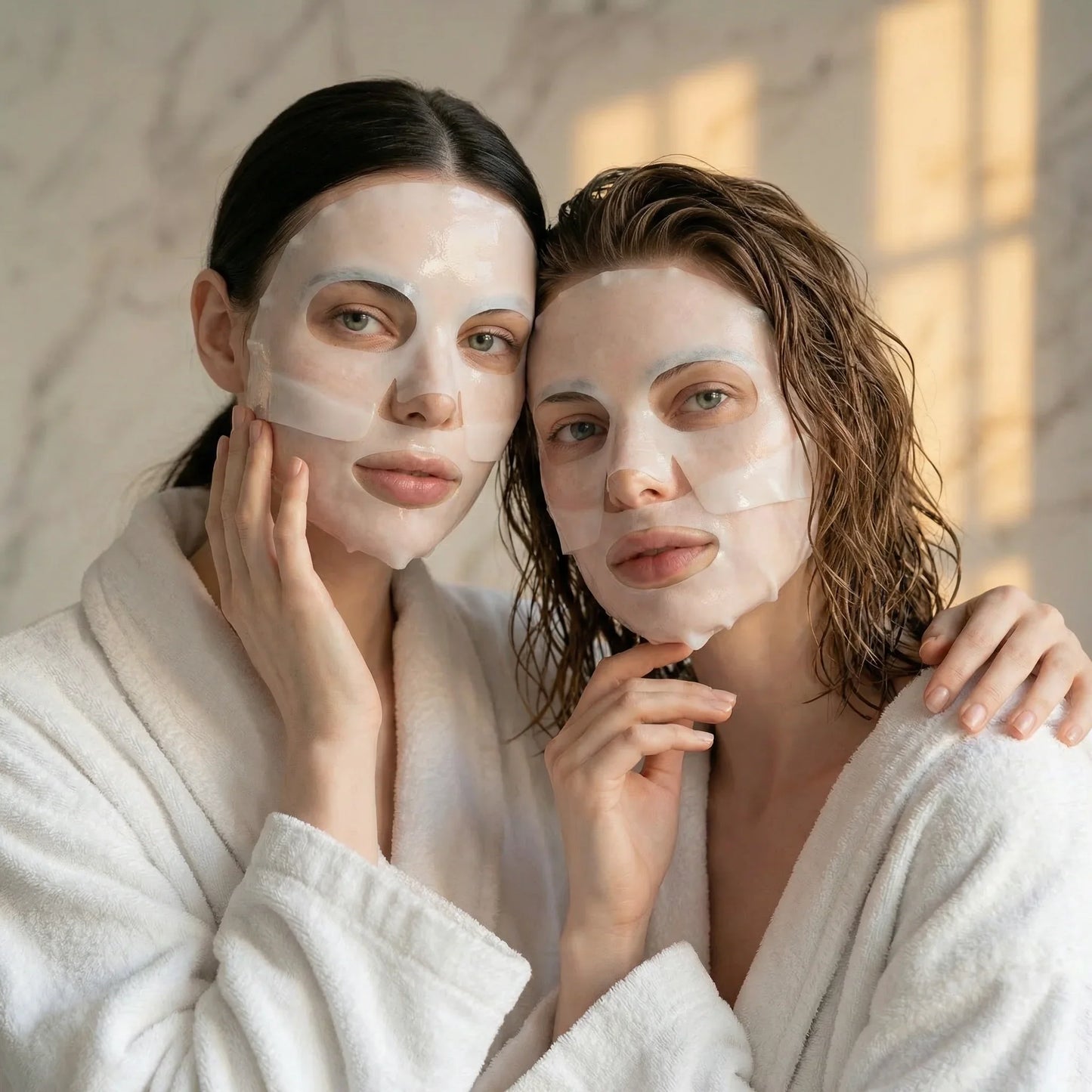 Two women in white robes wearing hydrogel face masks, QueenSkin skincare, bright bathroom