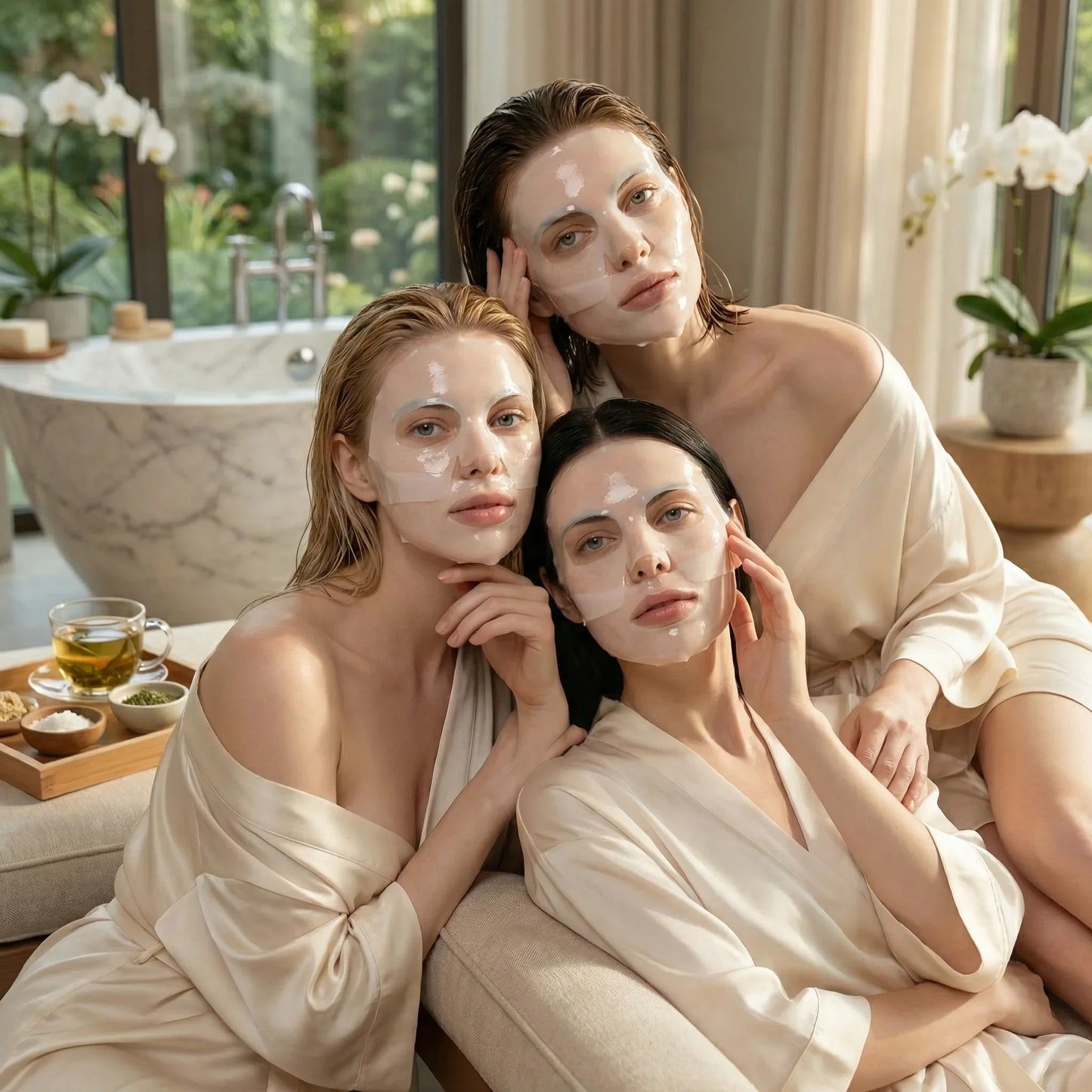 Three women in satin robes wearing hydrogel face masks in a spa setting, QueenSkin skincare