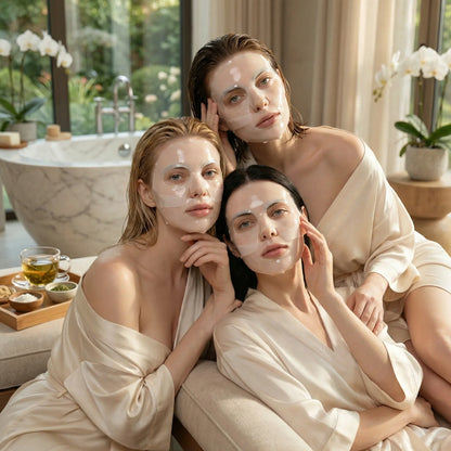 Three women in satin robes wearing hydrogel face masks in a spa setting, QueenSkin skincare