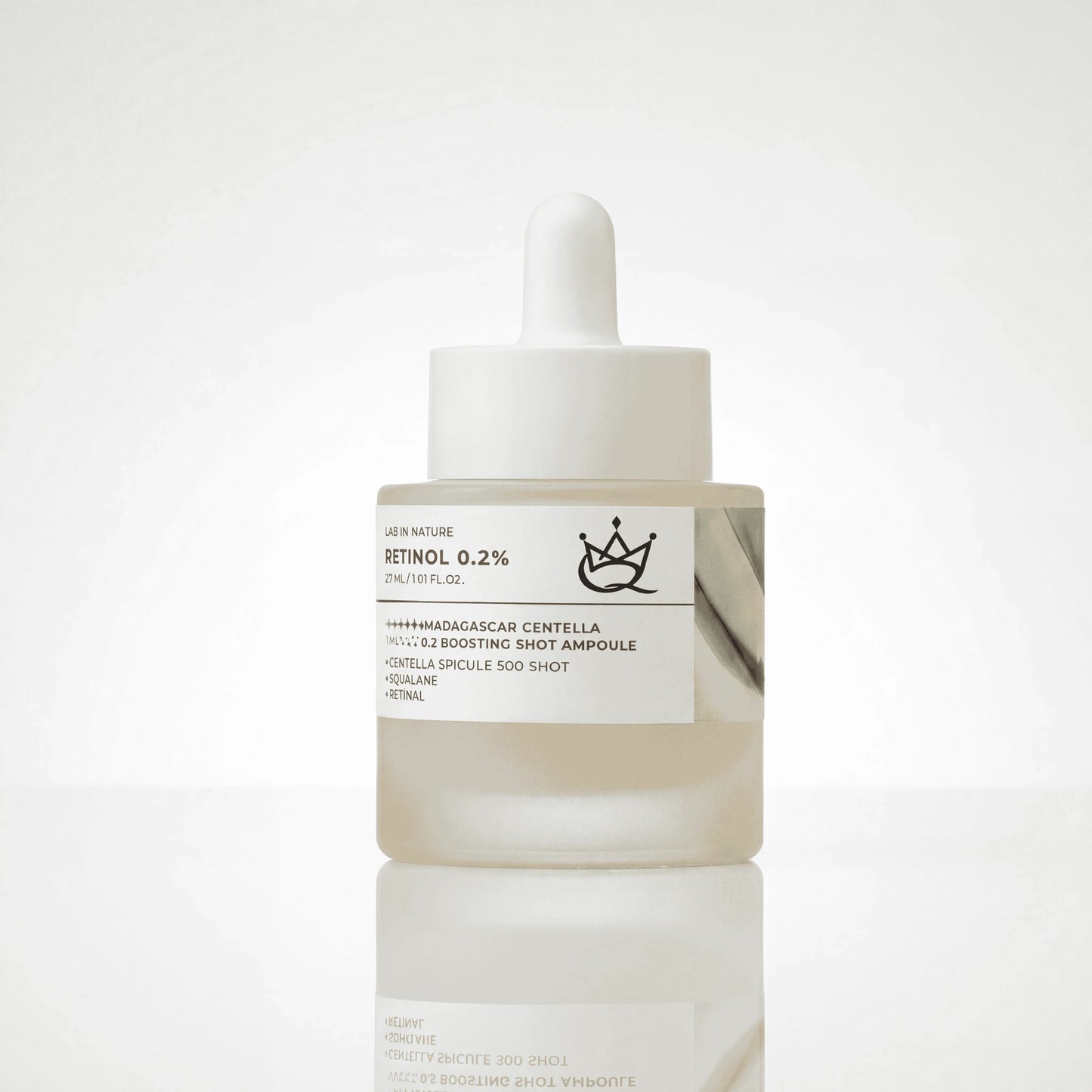 QueenSkin Retinol 0.2% serum bottle with dropper on white background, skincare product