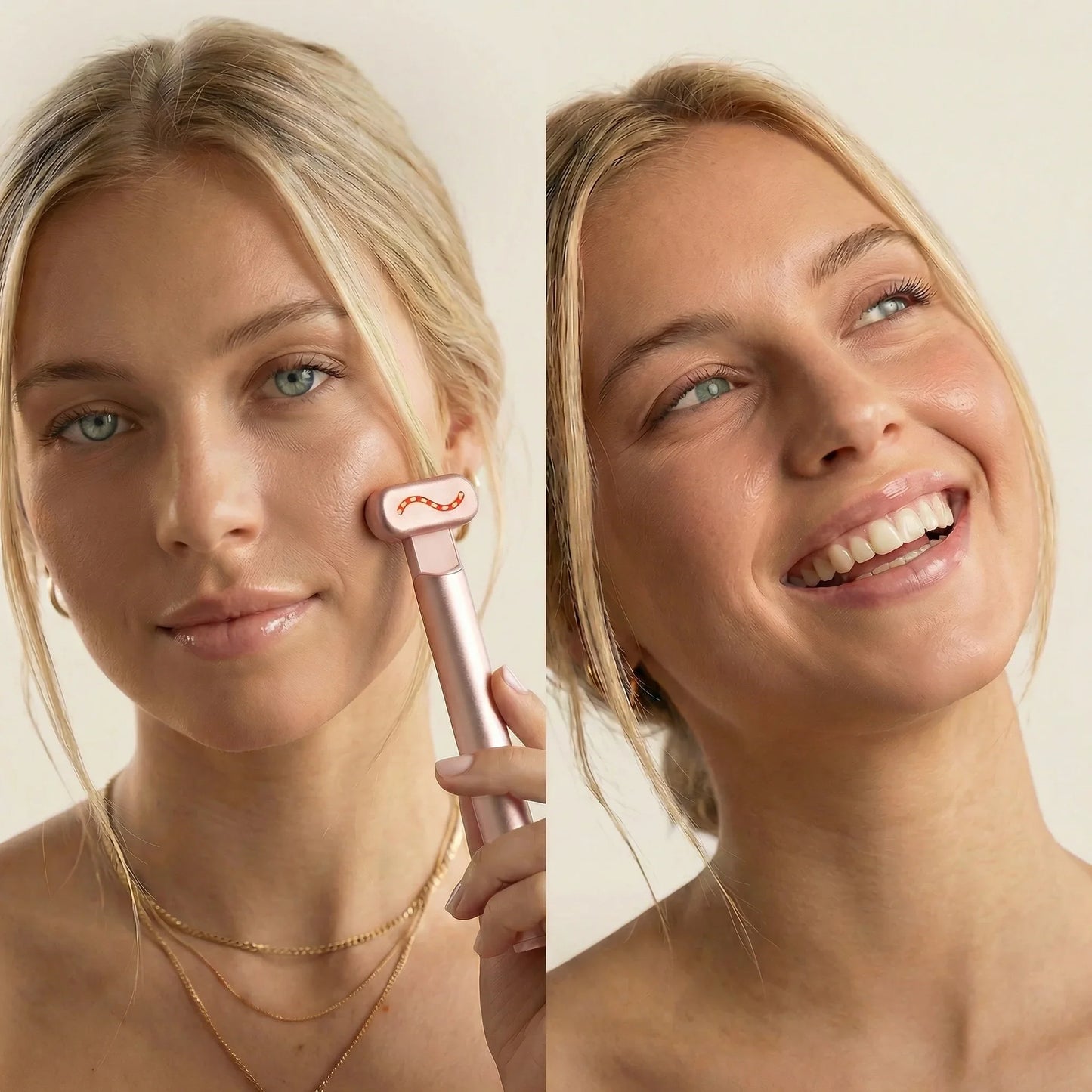 Woman using QueenSkin microcurrent facial device for glowing, smooth skin care results