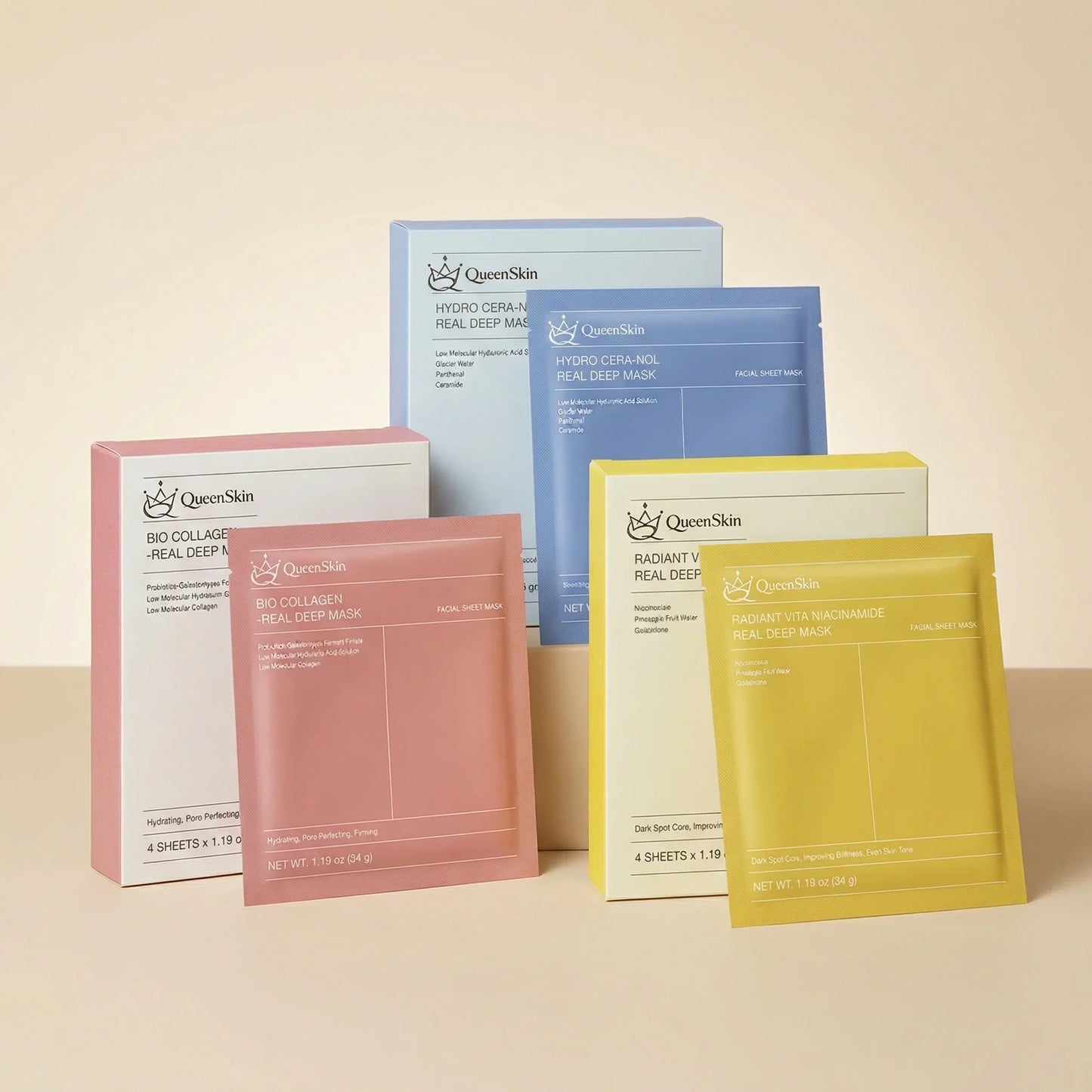 QueenSkin hydrating sheet masks in pink, blue, and yellow packaging for skincare