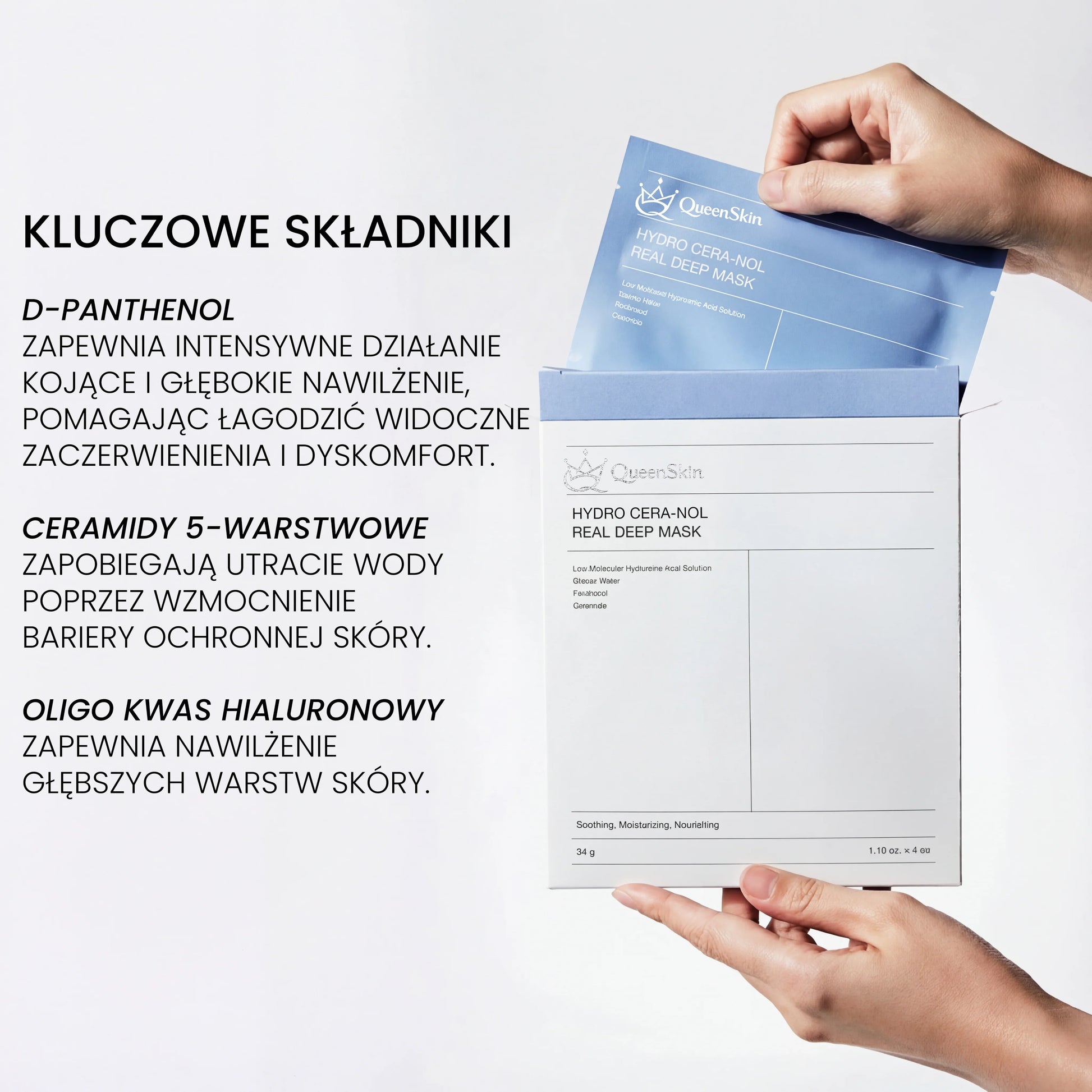 QueenSkin hydrogel face mask packaging with key ingredients list for moisturizing and soothing skin