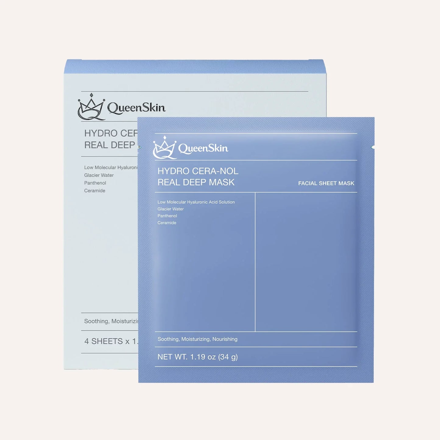 QueenSkin Hydro Cera-Nol Real Deep Mask blue packaging for facial skincare, hydrating sheet mask