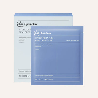 QueenSkin Hydro Cera-Nol Real Deep Mask blue packaging for facial skincare, hydrating sheet mask