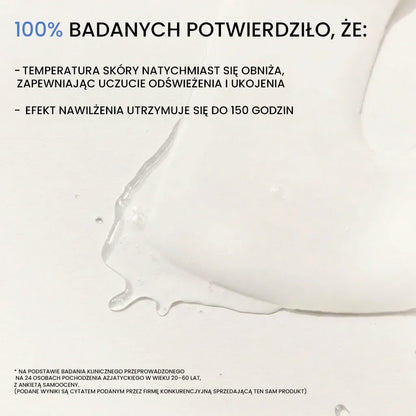 Clinical test results for QueenSkin hydrogel mask, text overlay on clear serum texture background.