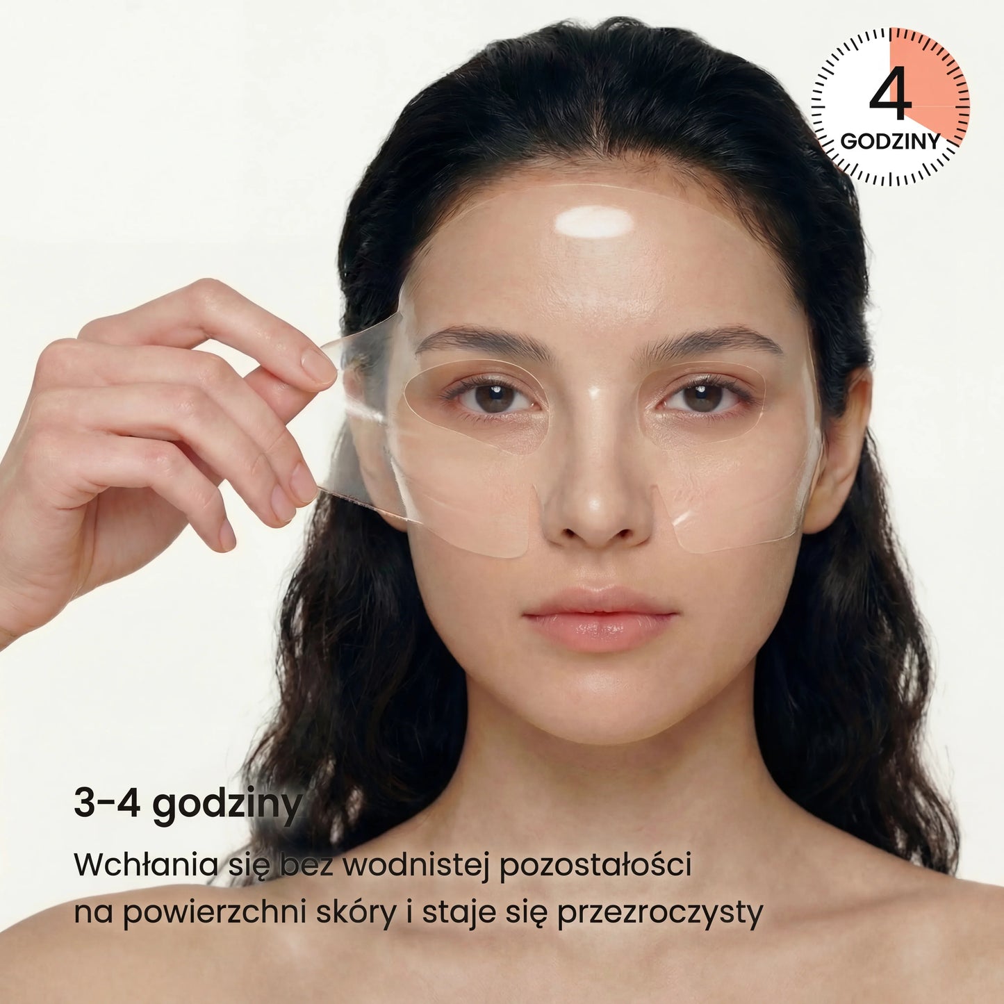 Woman removing QueenSkin hydrogel face mask, clear patches for wrinkles and dry skin care