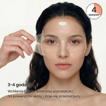 Woman removing QueenSkin hydrogel face mask, clear patches for wrinkles and dry skin care