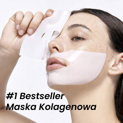 Woman applying QueenSkin hydrogel collagen face mask, skincare bestseller, smooth complexion