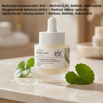 QueenSkin Retinol 0.2% serum bottle on marble, with centella leaves and product benefits text.