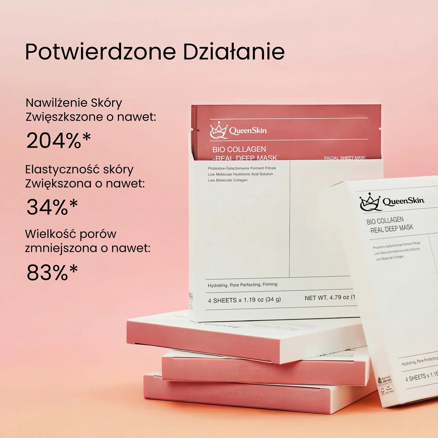 QueenSkin Bio Collagen Real Deep Mask boxes with efficacy stats on pink background
