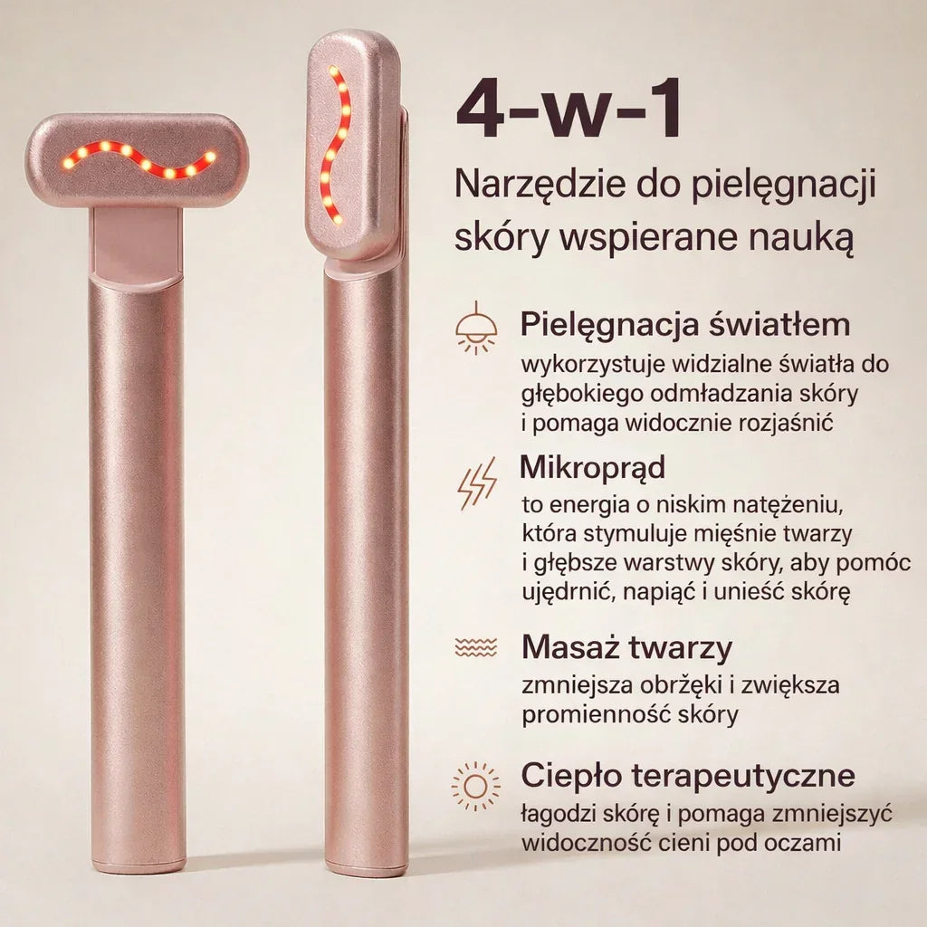 4-in-1 rose gold facial device with LED lights for skincare, microcurrent, massage, and warmth, QueenSkin