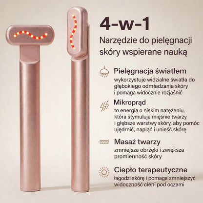 4-in-1 rose gold facial device with LED lights for skincare, microcurrent, massage, and warmth, QueenSkin