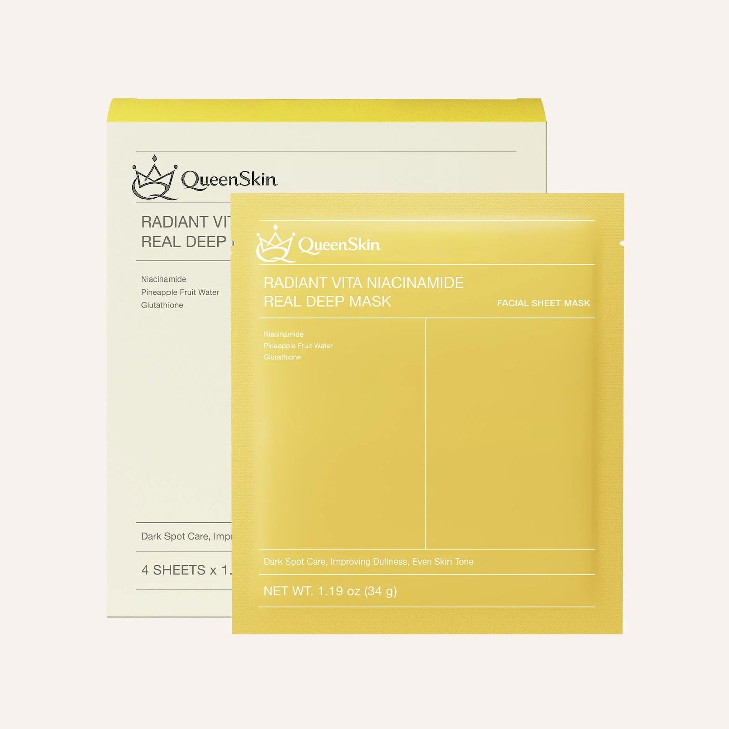 QueenSkin Radiant Vita Niacinamide Real Deep Mask yellow packaging for facial skincare